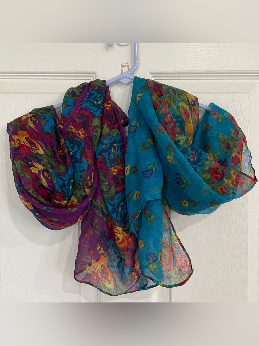 Two Sheer Floral Fashion Scarves, Purple and Blue